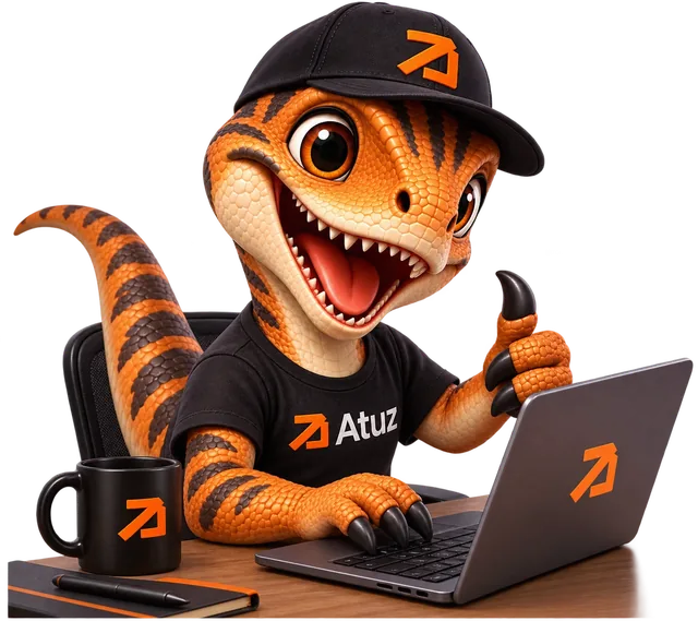 Raptorcito, la mascota de Atuz, trabajando en su notebook